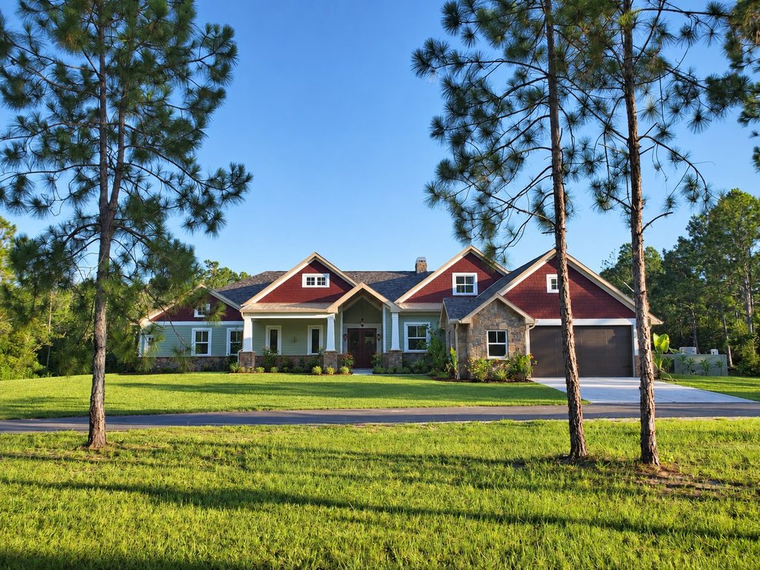 Craftsman custom home with a covered porch and stone walkway